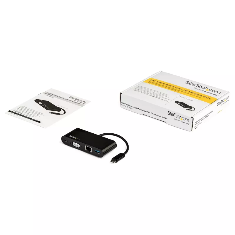 StarTech.com USB-C kelių prievadų adapteris - Mini USB-C dokas su VGA 1080p vaizdu, 60W galios perdavimu, USB 3.1 Gen 1 Type-A 5Gbps, Gigabit Ethernet - Doko stotelė