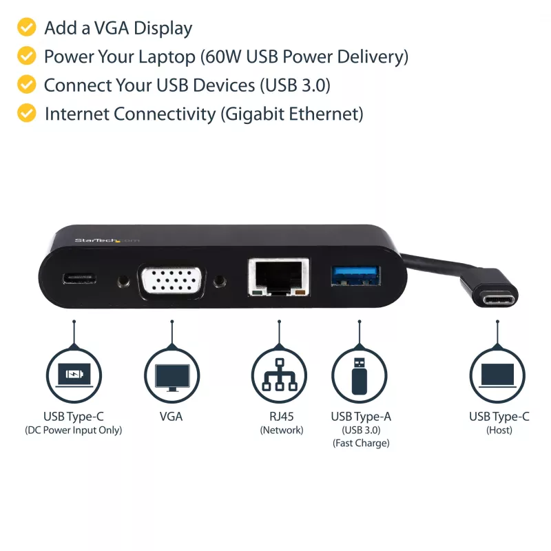 StarTech.com USB-C kelių prievadų adapteris - Mini USB-C dokas su VGA 1080p vaizdu, 60W galios perdavimu, USB 3.1 Gen 1 Type-A 5Gbps, Gigabit Ethernet - Doko stotelė