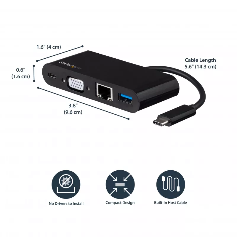 StarTech.com USB-C kelių prievadų adapteris - Mini USB-C dokas su VGA 1080p vaizdu, 60W galios perdavimu, USB 3.1 Gen 1 Type-A 5Gbps, Gigabit Ethernet - Doko stotelė