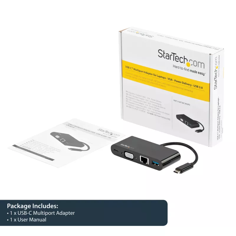StarTech.com USB-C kelių prievadų adapteris - Mini USB-C dokas su VGA 1080p vaizdu, 60W galios perdavimu, USB 3.1 Gen 1 Type-A 5Gbps, Gigabit Ethernet - Doko stotelė