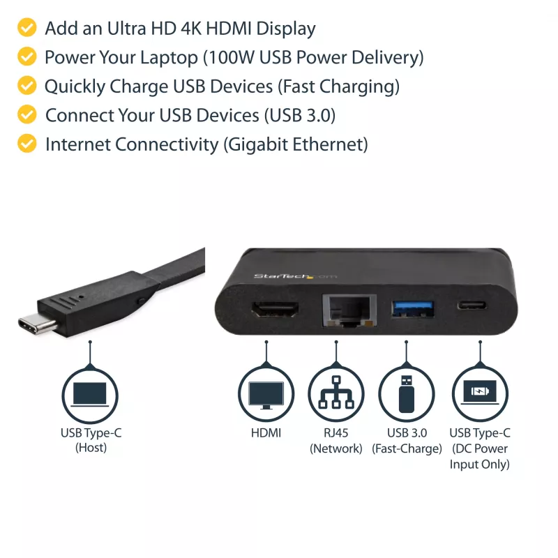 StarTech.com USB-C kelių prievadų adapteris – nešiojamas USB-C dokas su 4K HDMI, 100W PD 3.0 perdavimu, 1x USB-A, 1x USB-C, GbE, Thunderbolt 3 ir USB Type-C nešiojamojo kompiuterio kelioninis dokas, skirtas Mac ir Windows