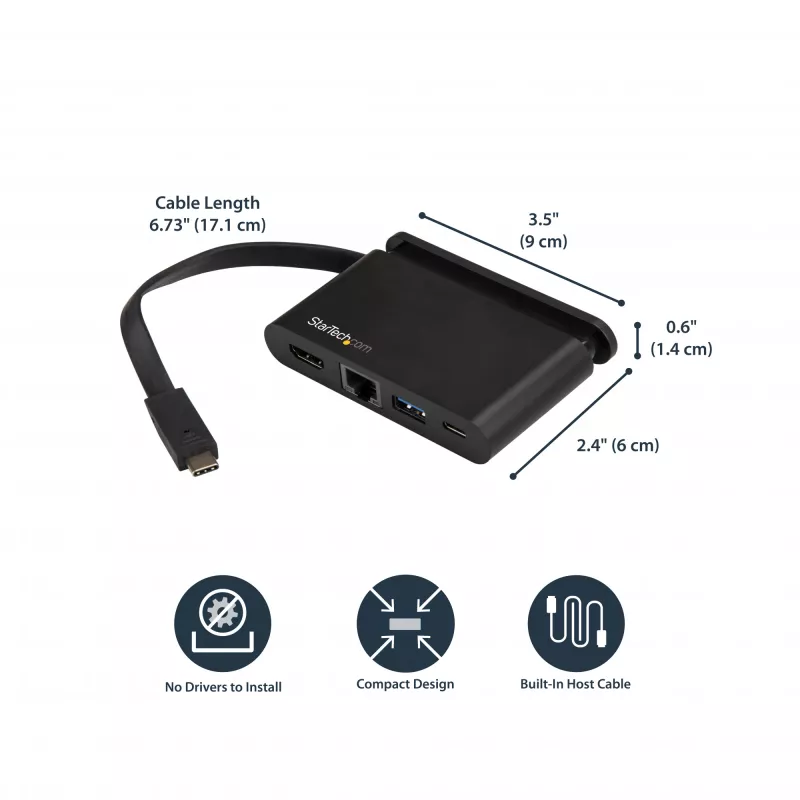 StarTech.com USB-C kelių prievadų adapteris – nešiojamas USB-C dokas su 4K HDMI, 100W PD 3.0 perdavimu, 1x USB-A, 1x USB-C, GbE, Thunderbolt 3 ir USB Type-C nešiojamojo kompiuterio kelioninis dokas, skirtas Mac ir Windows