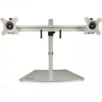 StarTech.com Dviejų monitorių stovas – ergonominis laisvai pastatomas dviejų monitorių stalinis stovas dviem 24 colių VESA monitoriams – sinchroninis aukščio reguliavimas – dvigubas strypinis monitorių stovas – sidabrinis