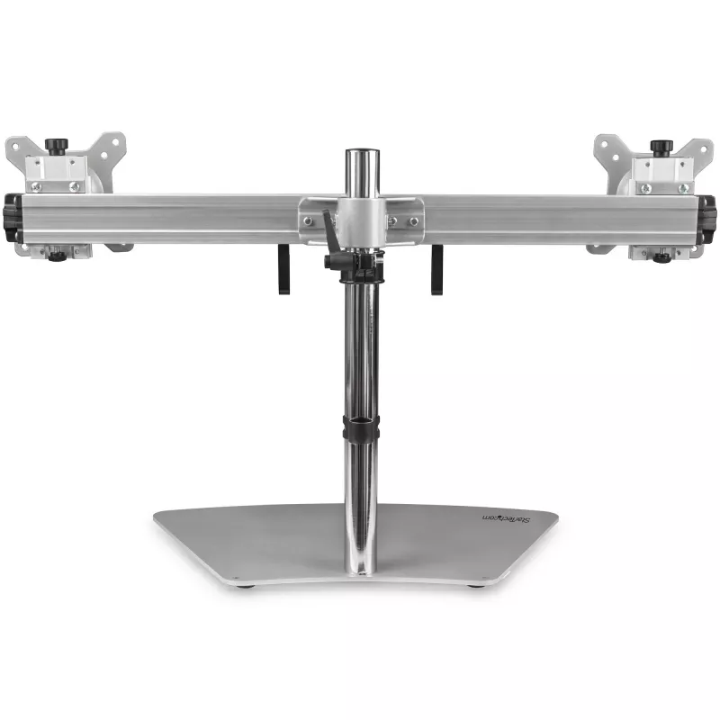 StarTech.com Dviejų monitorių stovas – ergonominis laisvai pastatomas dviejų monitorių stalinis stovas dviem 24 colių VESA monitoriams – sinchroninis aukščio reguliavimas – dvigubas strypinis monitorių stovas – sidabrinis