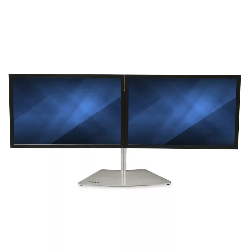 StarTech.com Dviejų monitorių stovas – ergonominis laisvai pastatomas dviejų monitorių stalinis stovas dviem 24 colių VESA monitoriams – sinchroninis aukščio reguliavimas – dvigubas strypinis monitorių stovas – sidabrinis
