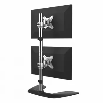 StarTech.com Vertikalus dviejų monitorių stovas – ergonomiškas stalinis dviejų monitorių laikiklis iki 27 colių VESA montavimo ekranams – laisvai pastatomas universalus monitorių laikiklis – reguliuojamas aukštis – sidabrinis