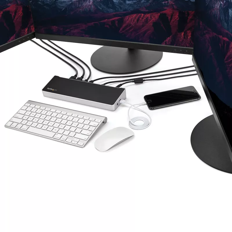 StarTech.com 4K USB-C dokų stotelė, trys UHD 4K monitoriai, Mac ir Windows, USB C į HDMI ir DisplayPort, 100 W galios tiekimas, 5x USB 5Gbps šakotuvas - TAA