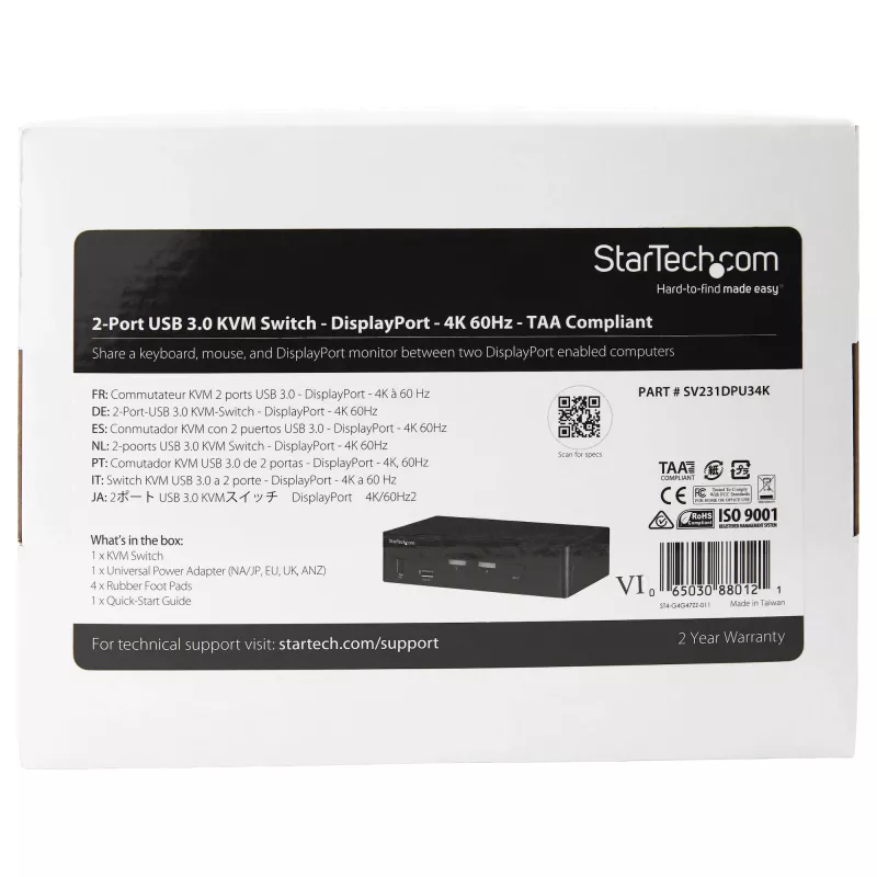 StarTech.com 2 prievadų DisplayPort KVM jungiklis - 4K 60Hz - vienas ekranas - dviejų prievadų UHD DP 1.2 USB KVM jungiklis su integruotu USB 3.0 šakotuvu ir garsu - Dell HP Apple Lenovo - TAA atitiktis