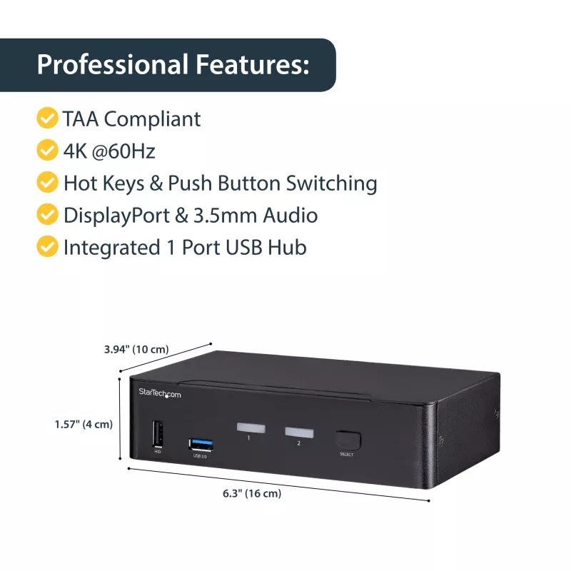 StarTech.com 2 prievadų DisplayPort KVM jungiklis - 4K 60Hz - vienas ekranas - dviejų prievadų UHD DP 1.2 USB KVM jungiklis su integruotu USB 3.0 šakotuvu ir garsu - Dell HP Apple Lenovo - TAA atitiktis