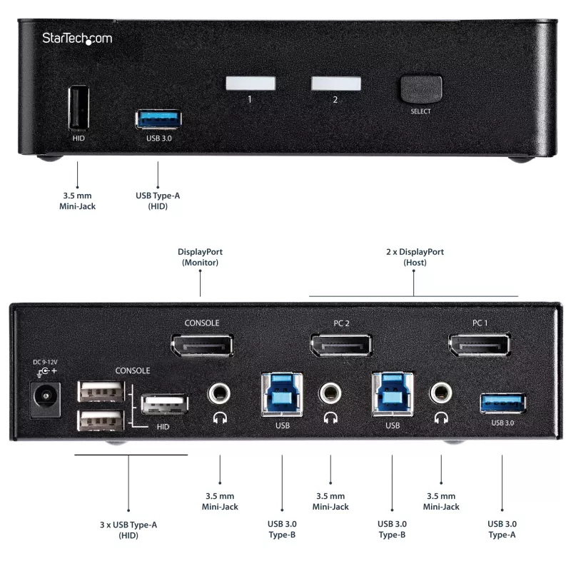 StarTech.com 2 prievadų DisplayPort KVM jungiklis - 4K 60Hz - vienas ekranas - dviejų prievadų UHD DP 1.2 USB KVM jungiklis su integruotu USB 3.0 šakotuvu ir garsu - Dell HP Apple Lenovo - TAA atitiktis