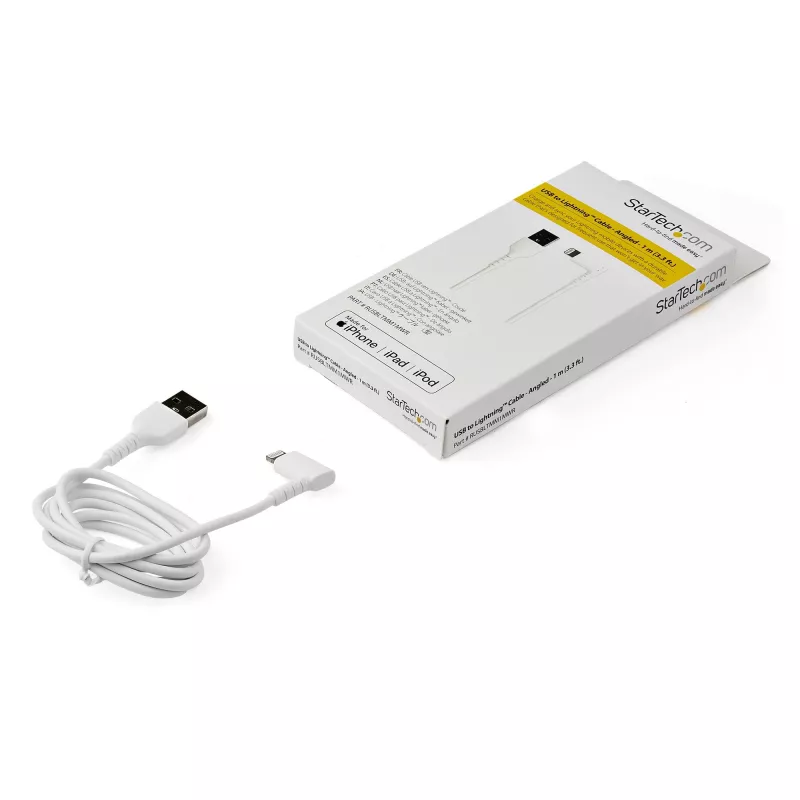 StarTech.com 1 m USB A – Lightning laidas, baltas, 90° kampu, armuotas aramidiniu pluoštu, Apple MFi sertifikuotas