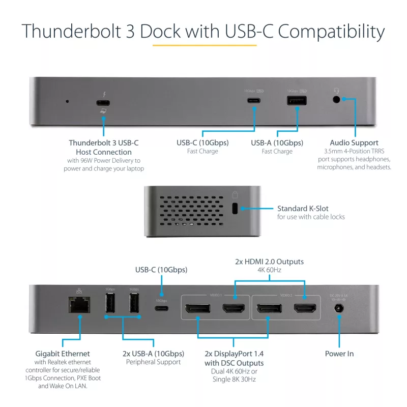 StarTech.com USB-C dokavimo stotelė, skirta MacBook Pro/Air M1/M2/M3/M4, suderinama su Thunderbolt, HDMI/DisplayPort, dviguba 4K 60Hz / viena 8K, USB Type-C, 96W galios tiekimas, USB 10Gbps