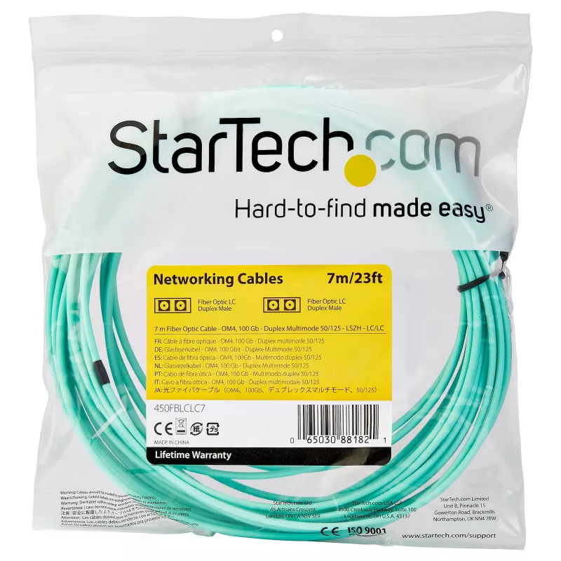 StarTech.com 7m (22ft) LC/UPC – LC/UPC OM4 daugiamodis šviesolaidinis kabelis, 50/125µm LOMMF/VCSEL zipcord, 100G, maži įterpimo nuostoliai – LSZH šviesolaidinis trumpiklis