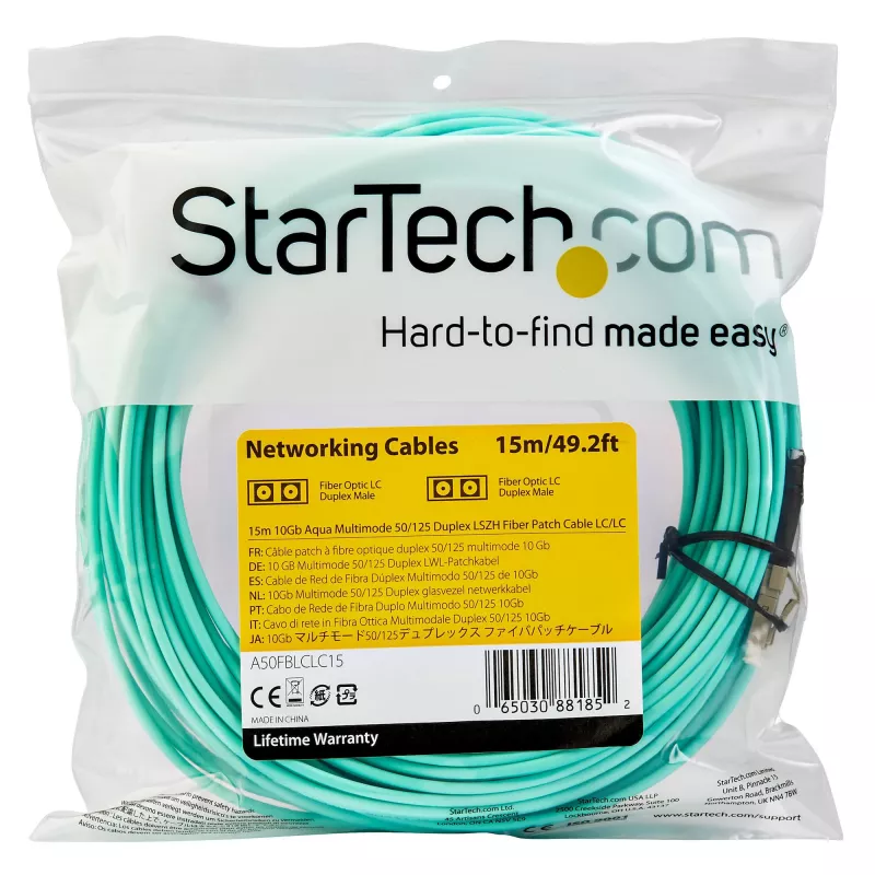 StarTech.com 15m (50ft) LC/UPC į LC/UPC OM3 daugiamodis šviesolaidinis kabelis, pilnas dupleksas 50/125µm, 100G, maži įterpimo nuostoliai, LSZH