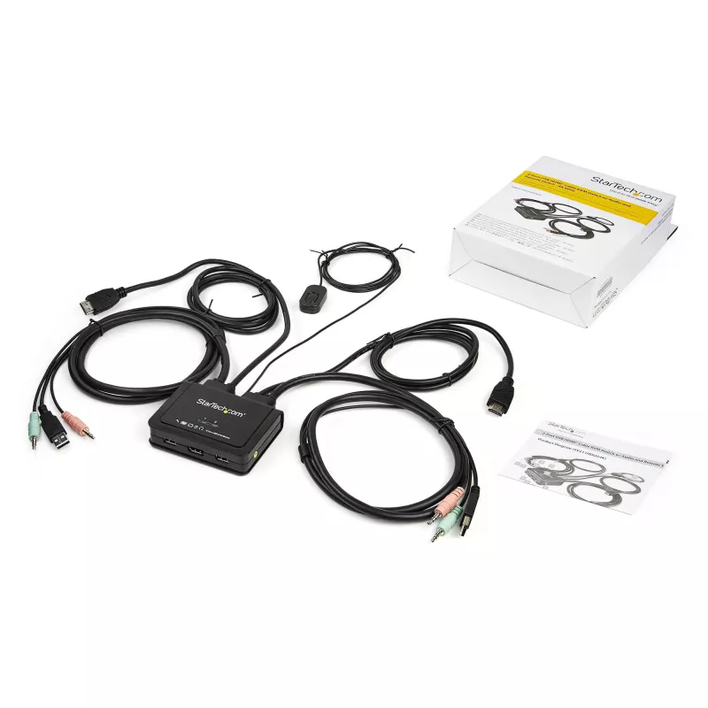 StarTech.com SV211HDUA4K 2 prievadų HDMI KVM jungiklis - 4K 60Hz - kompaktiškas dviejų prievadų UHD/Ultra HD USB stalinis KVM jungiklis su integruotais 1,2 m kabeliais ir garsu - maitinamas per USB - nuotolinis perjungimas - MacBook ThinkPad