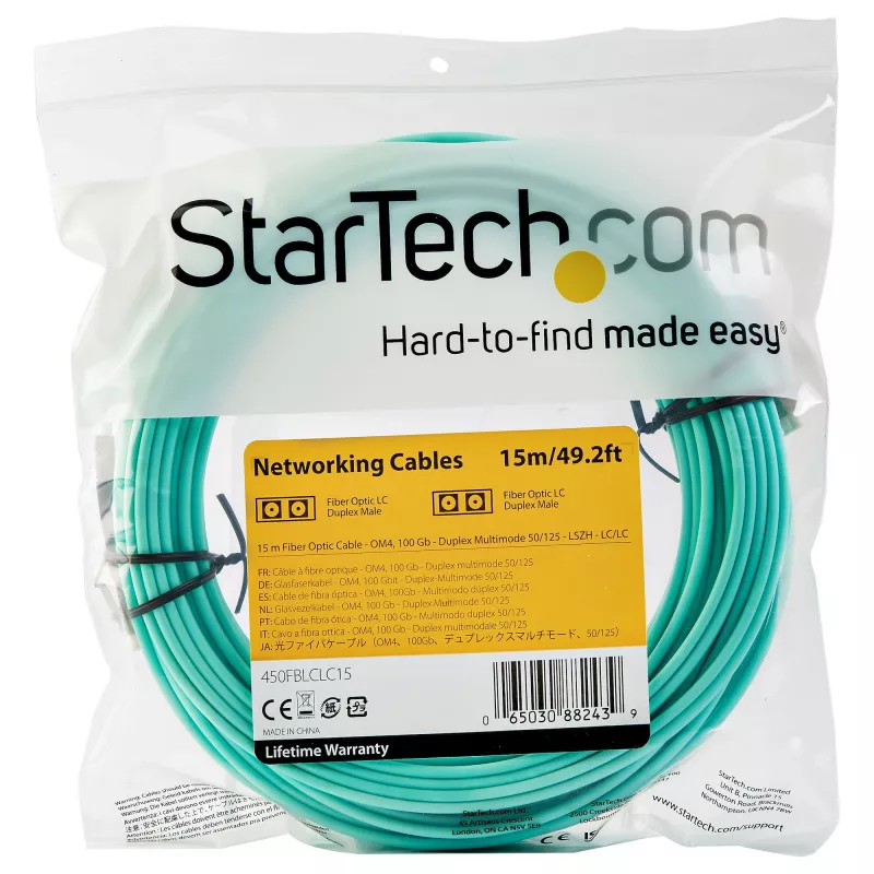 StarTech.com 15m (50ft) LC/UPC–LC/UPC OM4 daugiamodis šviesolaidinis kabelis, 50/125µm LOMMF/VCSEL zipcord, 100G, maži įterpimo nuostoliai – LSZH šuoliukas