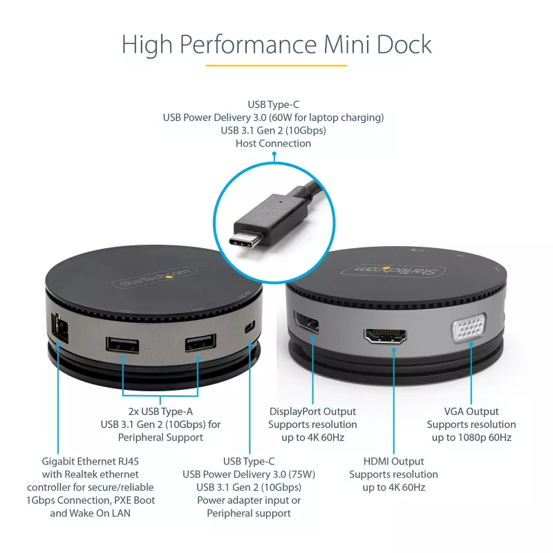 StarTech.com USB-C kelių prievadų adapteris – USB 3.1 Gen 2 10Gbps Type-C mini dokas su 4K 60Hz HDMI/DisplayPort arba 1080p VGA, 75W PD perdavimu, 3 prievadų USB šakotuvu, GbE – mobilioji stotelė