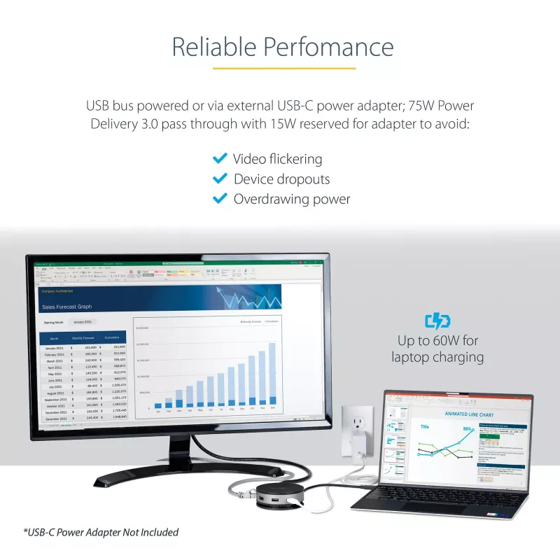 StarTech.com USB-C kelių prievadų adapteris – USB 3.1 Gen 2 10Gbps Type-C mini dokas su 4K 60Hz HDMI/DisplayPort arba 1080p VGA, 75W PD perdavimu, 3 prievadų USB šakotuvu, GbE – mobilioji stotelė