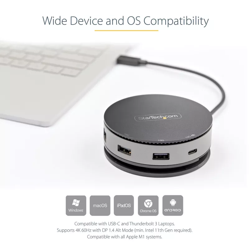 StarTech.com USB-C kelių prievadų adapteris – USB 3.1 Gen 2 10Gbps Type-C mini dokas su 4K 60Hz HDMI/DisplayPort arba 1080p VGA, 75W PD perdavimu, 3 prievadų USB šakotuvu, GbE – mobilioji stotelė