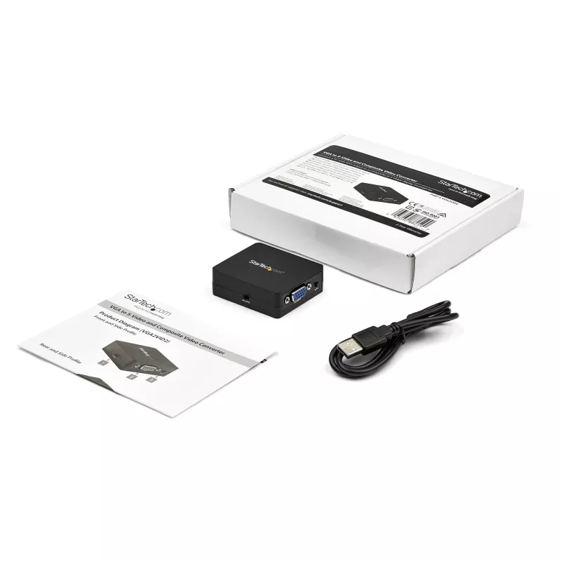 Konverteris VGA į RCA ir S-Video StarTech.com – USB maitinimas, aktyvus vaizdo keitiklis, juodos spalvos, CE, FCC, REACH, 1920 x 1080 pikselių, 640 x 480, 1920 x 1080 pikselių, 60 Hz
