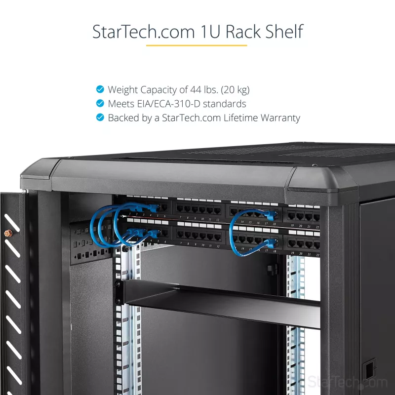 StarTech.com 1U serverio lentyna – universali konsolinė lentyna 19 colių tinklo įrangos stovui – plieninė, 20 kg talpa, 16 colių gylio, juoda