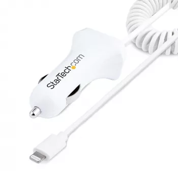 StarTech.com automobilinis įkroviklis su susuktu Lightning laidu, 1 m, 12 W, baltas, 2 USB prievadai