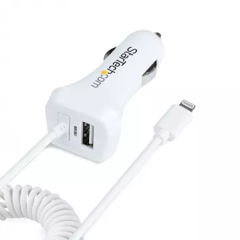 StarTech.com automobilinis įkroviklis su susuktu Lightning laidu, 1 m, 12 W, baltas, 2 USB prievadai
