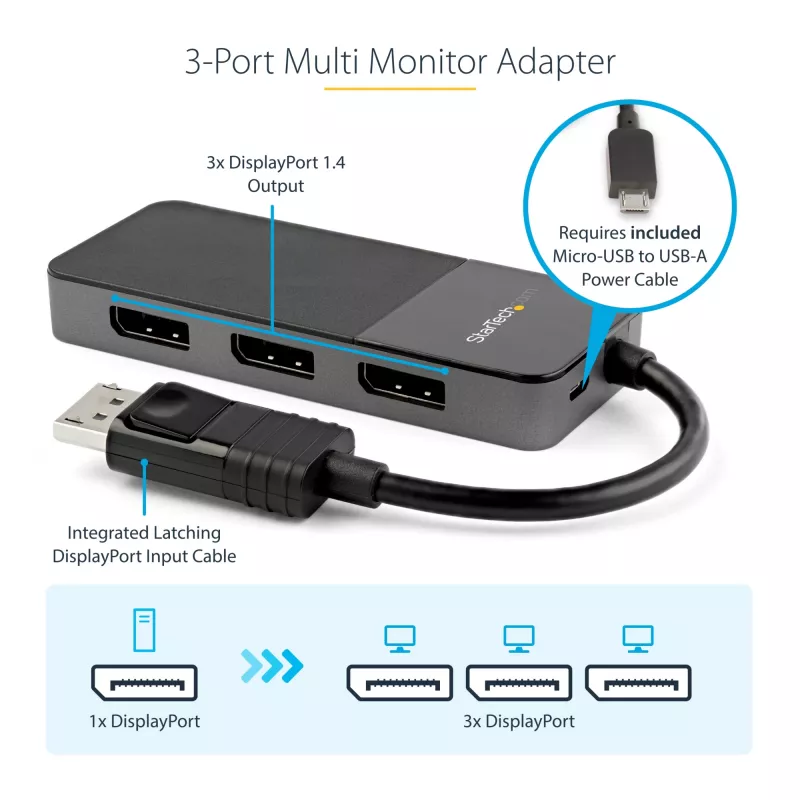StarTech.com 3 prievadų kelių monitorių adapteris – DisplayPort 1.4 į 3x 4K DisplayPort vaizdo skirstytuvas – dvigubas arba trigubas 4K – nešiojamojo / stalinio kompiuterio DisplayPort MST centras keliems monitoriams – tik Windows PC