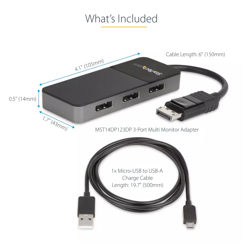 StarTech.com 3 prievadų kelių monitorių adapteris – DisplayPort 1.4 į 3x 4K DisplayPort vaizdo skirstytuvas – dvigubas arba trigubas 4K – nešiojamojo / stalinio kompiuterio DisplayPort MST centras keliems monitoriams – tik Windows PC