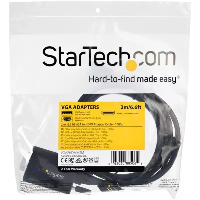 StarTech.com 2m VGA į HDMI keitiklio kabelis su USB garso palaikymu ir maitinimu – analoginis į skaitmeninį vaizdo adapterio kabelis, skirtas VGA kompiuteriui prijungti prie HDMI ekrano – 1080p, vyriškas į vyrišką monitoriaus kabelį