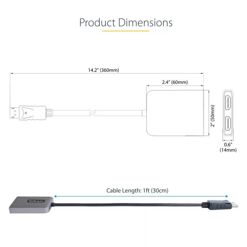 StarTech.com DP į dvigubą HDMI MST HUB - Du HDMI 4K 60Hz - DisplayPort kelių monitorių adapteris su 30cm kabeliu - DP 1.4 Multi Stream Transport Hub, DSC | HBR3 - DP į HDMI skirstytuvas