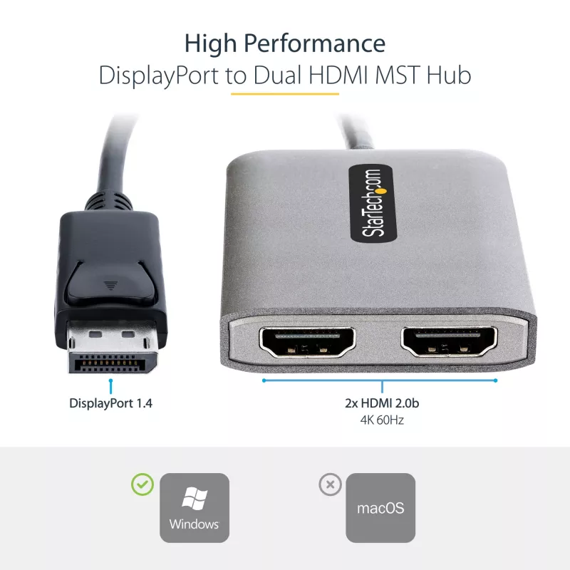 StarTech.com DP į dvigubą HDMI MST HUB - Du HDMI 4K 60Hz - DisplayPort kelių monitorių adapteris su 30cm kabeliu - DP 1.4 Multi Stream Transport Hub, DSC | HBR3 - DP į HDMI skirstytuvas
