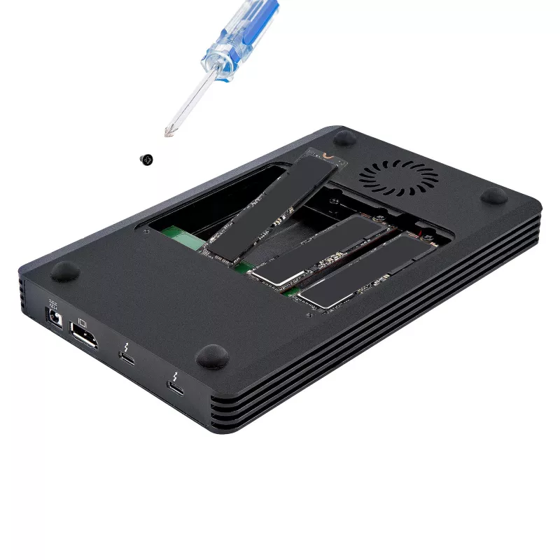 StarTech.com 4 Bay Thunderbolt 3 NVMe korpusas, M.2 NVMe SSD diskams, 1x DisplayPort vaizdo / 2x TB3 išvesties prievadai, 40Gbps, 72W maitinimo blokas, išorinis kietojo disko korpusas