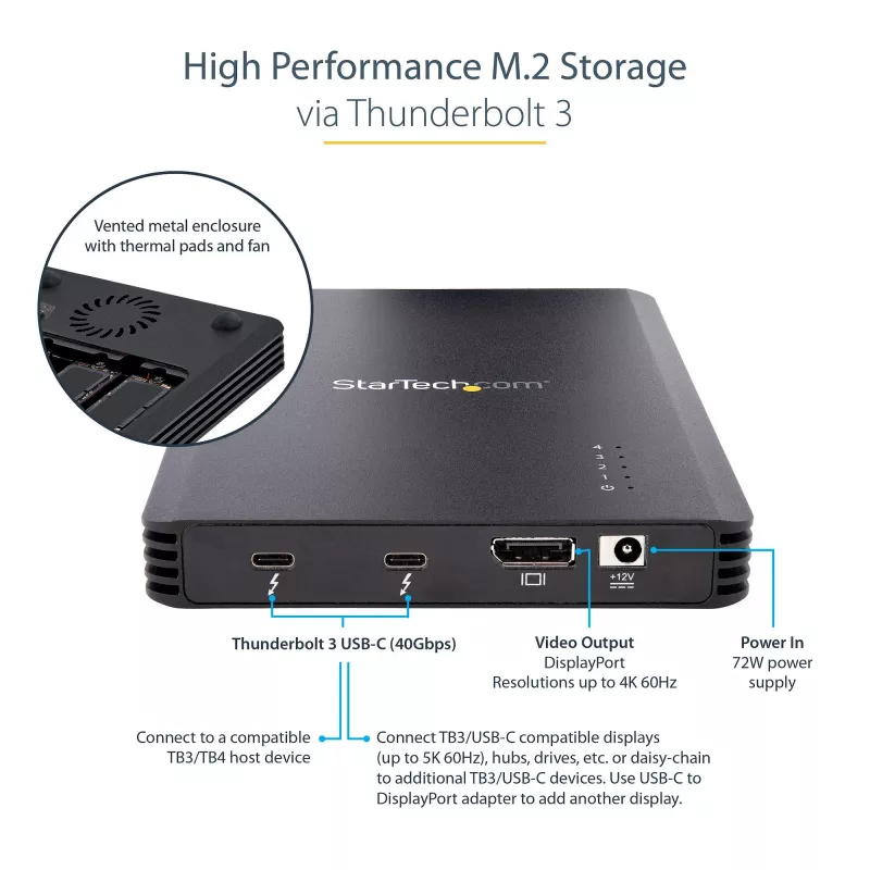 StarTech.com 4 Bay Thunderbolt 3 NVMe korpusas, M.2 NVMe SSD diskams, 1x DisplayPort vaizdo / 2x TB3 išvesties prievadai, 40Gbps, 72W maitinimo blokas, išorinis kietojo disko korpusas