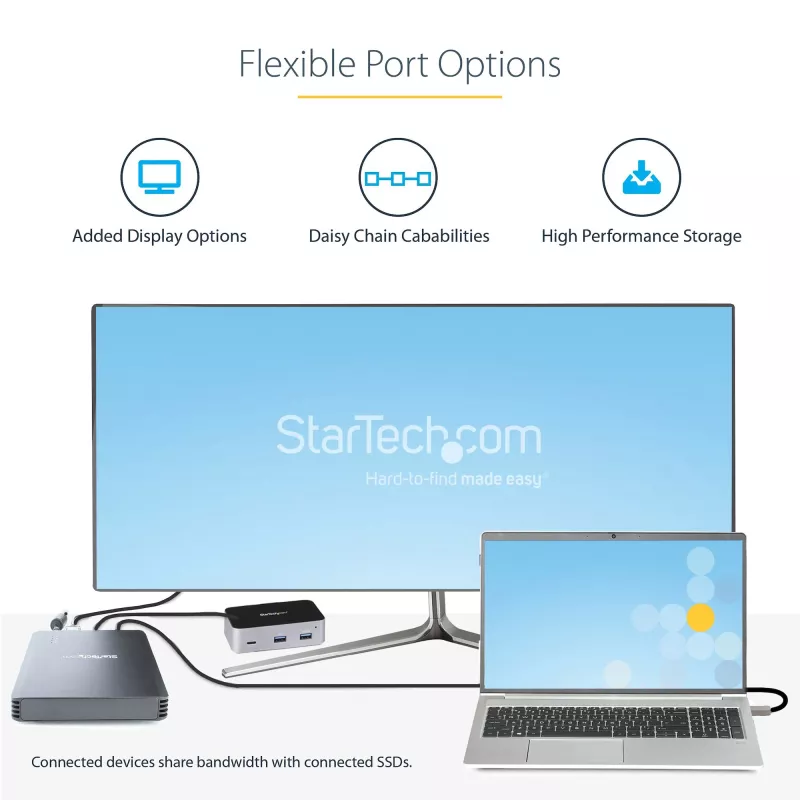 StarTech.com 4 Bay Thunderbolt 3 NVMe korpusas, M.2 NVMe SSD diskams, 1x DisplayPort vaizdo / 2x TB3 išvesties prievadai, 40Gbps, 72W maitinimo blokas, išorinis kietojo disko korpusas