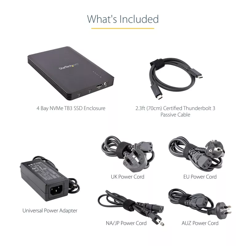 StarTech.com 4 Bay Thunderbolt 3 NVMe korpusas, M.2 NVMe SSD diskams, 1x DisplayPort vaizdo / 2x TB3 išvesties prievadai, 40Gbps, 72W maitinimo blokas, išorinis kietojo disko korpusas