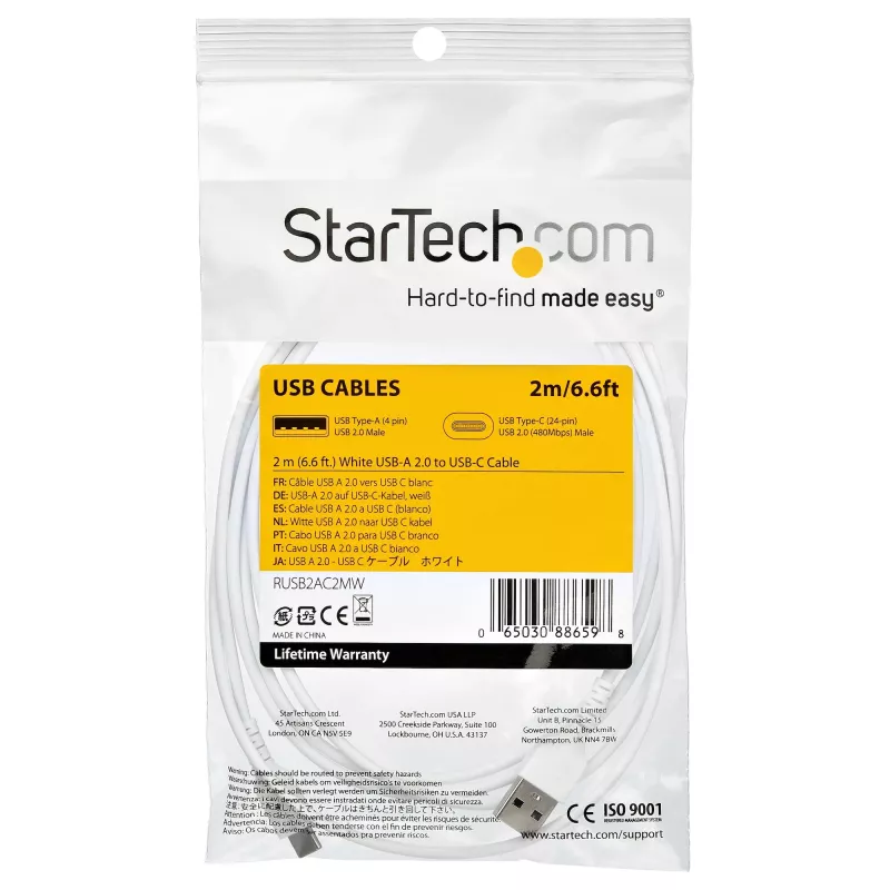 StarTech.com 2m USB A į USB C įkrovimo laidas – patvarus greitam įkrovimui ir sinchronizavimui USB 2.0 į USB Type C duomenų laidas – tvirtas TPE apvalkalas, aramido pluoštas, M/M, 3A, baltas
