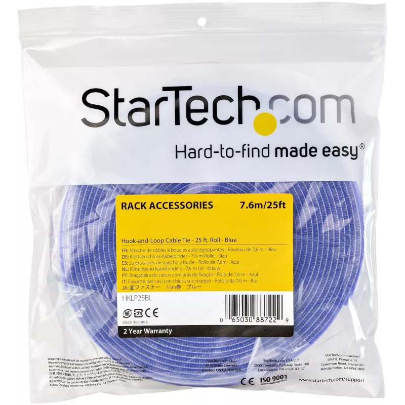 StarTech.com 25 pėdų kilpinis ir kablinis ritinys - pjaustomo dydžio daugkartiniai kabelių raiščiai - didmeninė pramoninė vielų tvirtinimo juosta / reguliuojami audiniai apvyniojimai mėlyni / daugkartiniai savaime suspaudžiantys kabelių valdymo dirželiai
