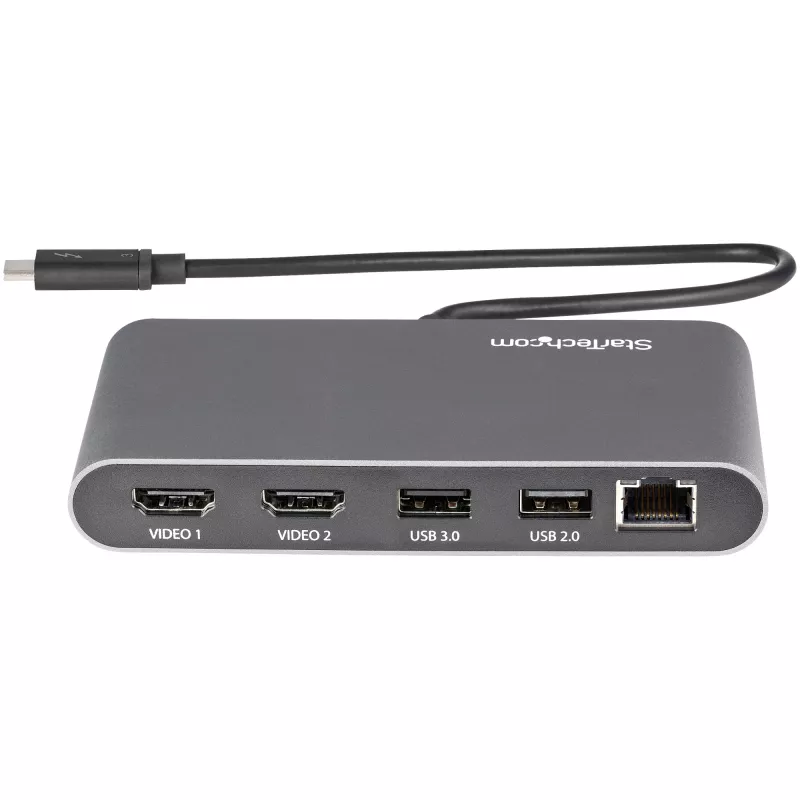 StarTech.com Dviejų monitorių Thunderbolt mini dokas, 4K 60Hz HDMI, tvarkyklių nereikalaujantis centras, Gigabit Ethernet, 1x USB 5Gbps ir 1x USB 2.0, 28 cm kabelis