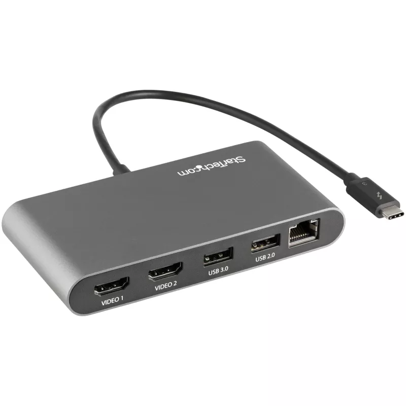 StarTech.com Dviejų monitorių Thunderbolt mini dokas, 4K 60Hz HDMI, tvarkyklių nereikalaujantis centras, Gigabit Ethernet, 1x USB 5Gbps ir 1x USB 2.0, 28 cm kabelis