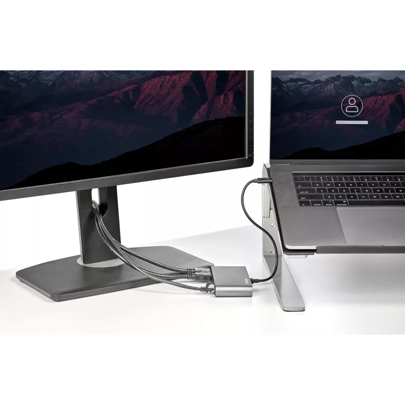 StarTech.com Dviejų monitorių Thunderbolt mini dokas, 4K 60Hz HDMI, tvarkyklių nereikalaujantis centras, Gigabit Ethernet, 1x USB 5Gbps ir 1x USB 2.0, 28 cm kabelis