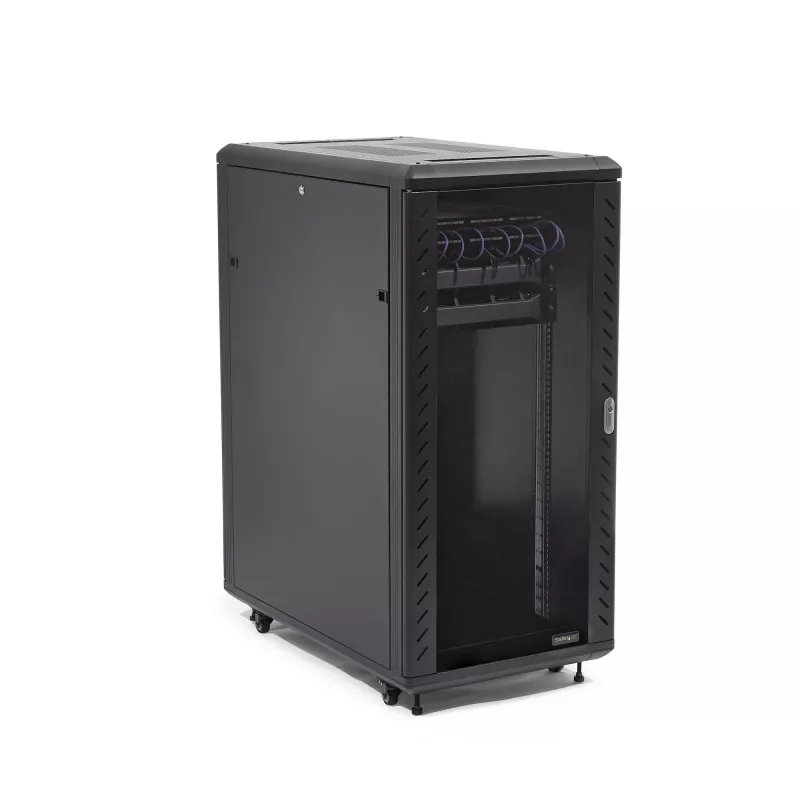 StarTech.com 4-Post 32U Server Rack Cabinet, užrakinama 19 colių duomenų spinta kompiuteriams, AV/IT įrangai, biuro / namų tinklo stovas su ratukais ir reguliuojamais montavimo bėgeliais