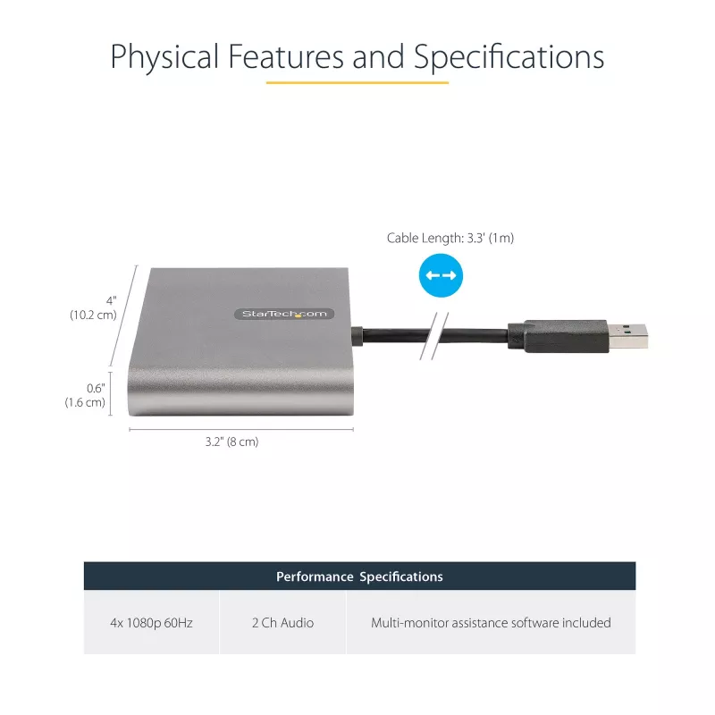 StarTech.com USB 3.0 į 4x HDMI adapteris, USB į 4 monitorių keitiklis, skirta Windows (nepalaiko macOS/ChromeOS/Linux) - TAA