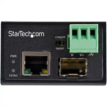 Pramoninis šviesolaidžio į Ethernet medijos keitiklis StarTech.com – 100Mbps SFP į RJ45/Cat6 – vienmodis/daugiamodis – 12-56V DC – IP30 – -40 iki +75°C