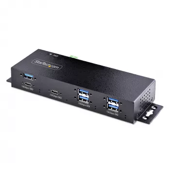 StarTech.com 7 prievadų pramoninis USB 10Gbps šakotuvas su maitinimo adapteriu, metalinis, montuojamas, 5x USB-A ir 2x USB-C išvesties prievadai, ESD apsauga, maitinamas USB šakotuvas, TAA