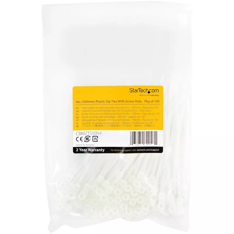 StarTech.com 4 colių (10 cm) kabelių raiščiai su tvirtinimo anga - 1/16 colio (2 mm) pločio, 7/8 colio (24 mm) ryšulio skersmuo, 18 svarų (8 kg) tempimo stipris, nailonas 66, savaime užsifiksuojantys raiščiai su varžto anga, UL sertifikuota, 100 vnt. paku