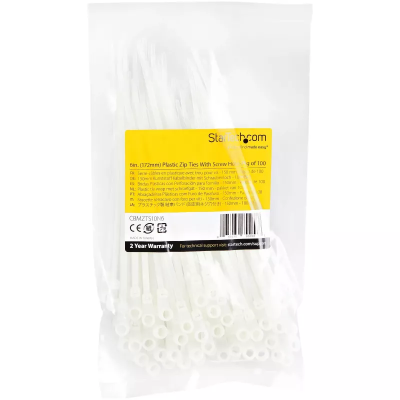 StarTech.com 15 cm kabelių raiščiai su tvirtinimo anga - 3 mm pločio, 40 mm ryšulio diametras, 18 kg tempimo stipris, Nylon 66 savaime užsifiksuojantys raiščiai su varžto anga, UL sertifikuoti, 100 vnt.