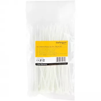 100 vnt. 15 cm (6 colių) kabelių raiščiai StarTech.com – 3,6 mm pločio, 39 mm ryšulio diametras, 18 kg tempimo stipris, nailoniniai užtraukiami raiščiai su lenktu galu, UL sertifikuoti, balti – TAA