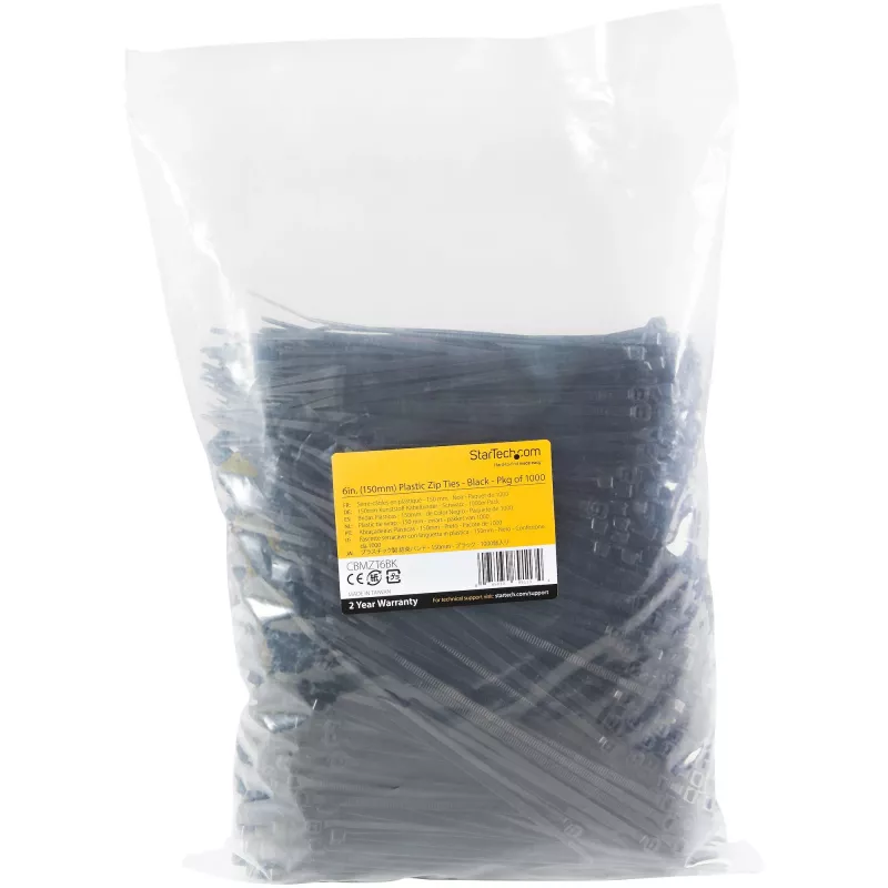 StarTech.com 1000 vnt. 6 colių (15 cm) kabelių raiščiai - 1/8 colio (3,6 mm) pločio, 1-3/8 colio (39 mm) ryšulio skersmuo, 40 svarų (18 kg) tempimo stiprumas, nailoniniai savaime fiksuojantys užtraukiami raiščiai su lenktu galu, UL sertifikuoti, juodi - T
