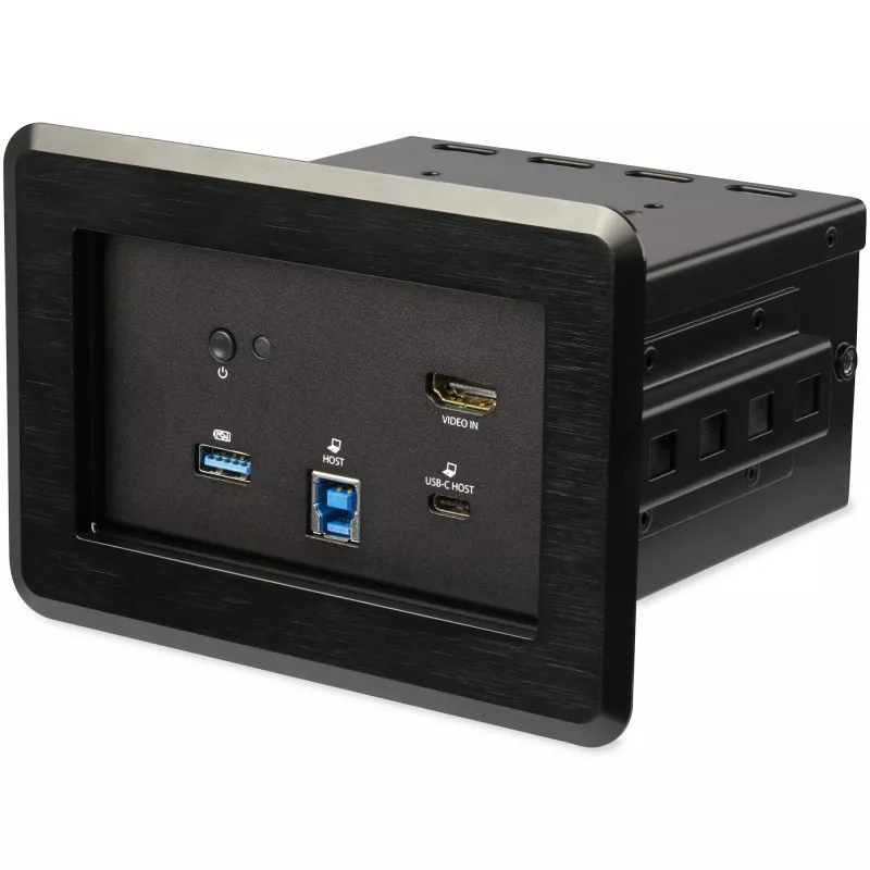 „StarTech.com“ Konferencinės patalpos dokų stotelė – universalus nešiojamojo kompiuterio dokas – 4K HDMI, 60W maitinimo tiekimas, USB šakotuvas, GbE, garsas – į stalą montuojama jungčių dėžutė susitikimų / posėdžių erdvėms